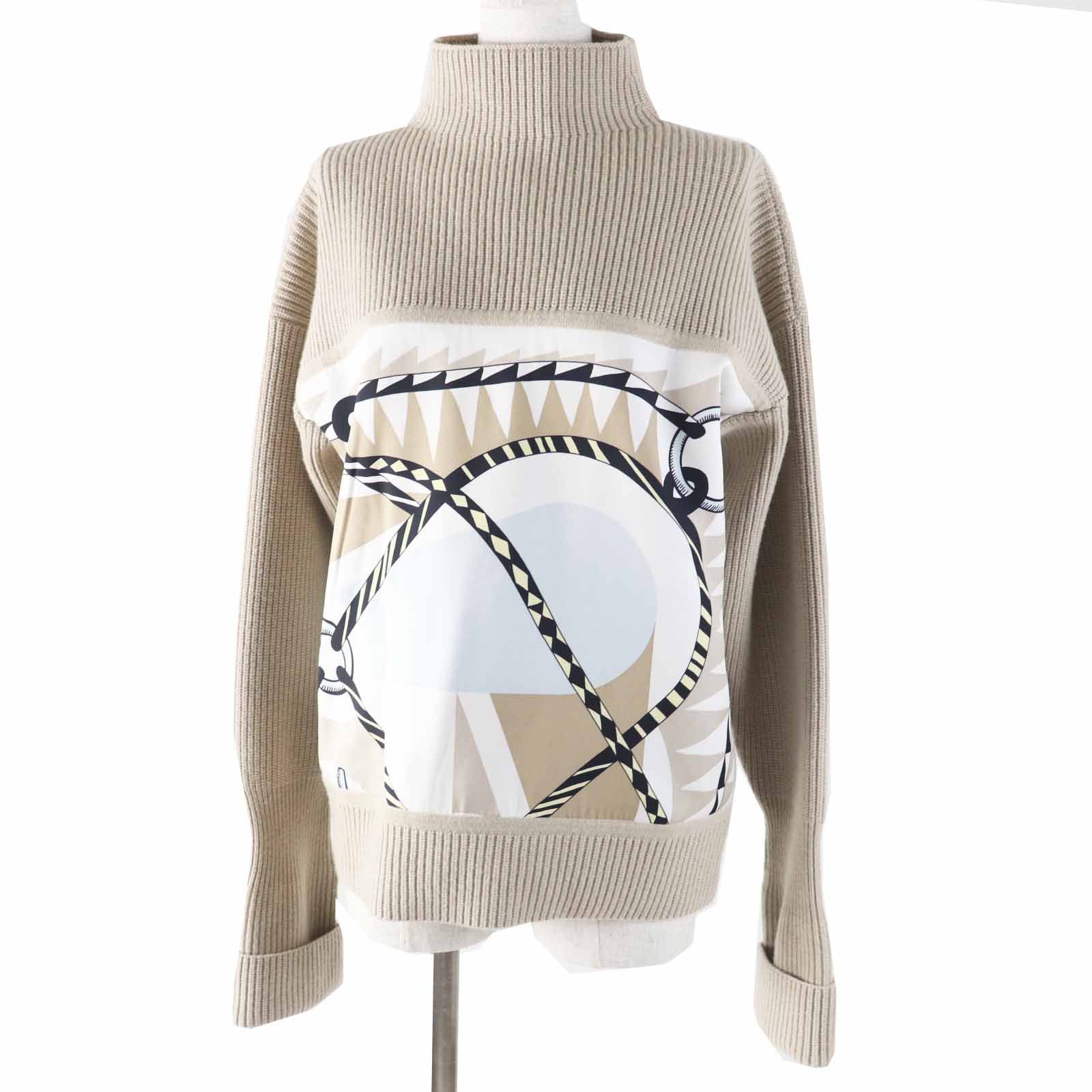 ◎HERMES エルメス 23AW 3H2823DJ Figure Artistique フィギュア アーティスティック シルク カシミヤ混 ツイルレーヌ 長袖 ハイネック ニットプルオーバー ベージュ マルチ 36 イタリア製 レディース