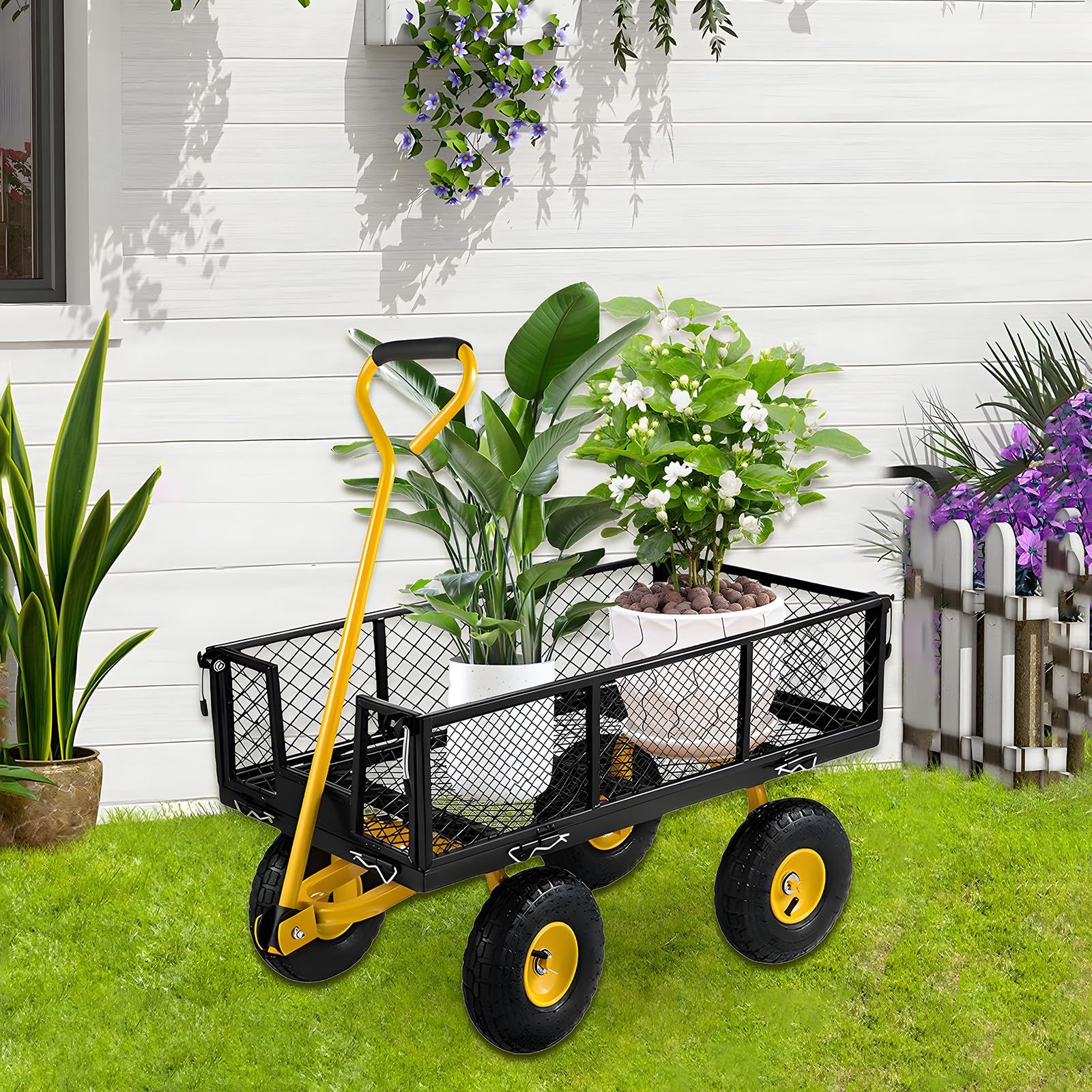 土 畑作業 砂 キャンプ ガーデン 倉庫 取り外し な側面 キャリーワゴン 家庭用 キャンプカー 手押し 引越し 鋼製 エア注入式滑り止めタイヤ 買い物 スチールメッシュカート 手引き台車 持ち運び便利 運搬車 カゴ付き 組立説明書付き