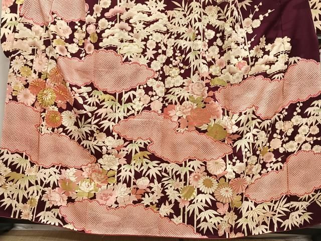 松と梅の花模様 雲 金駒刺繍 金彩 灰色 グレー 袷 正絹 振袖 着物 31 平和屋着物□豪華振袖 駒刺繍 雲取り花文 金彩 正絹 逸品