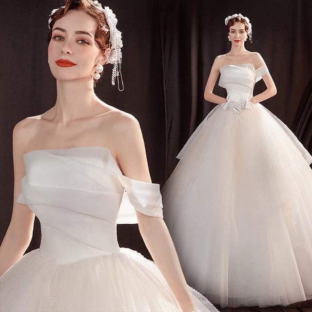 ウエディングドレス ワンショルダー ホワイト 結婚式ドレス 花嫁 Aライン ロングドレス プリンセス ベアトップ ビスチェドレス 披露宴 ブラ