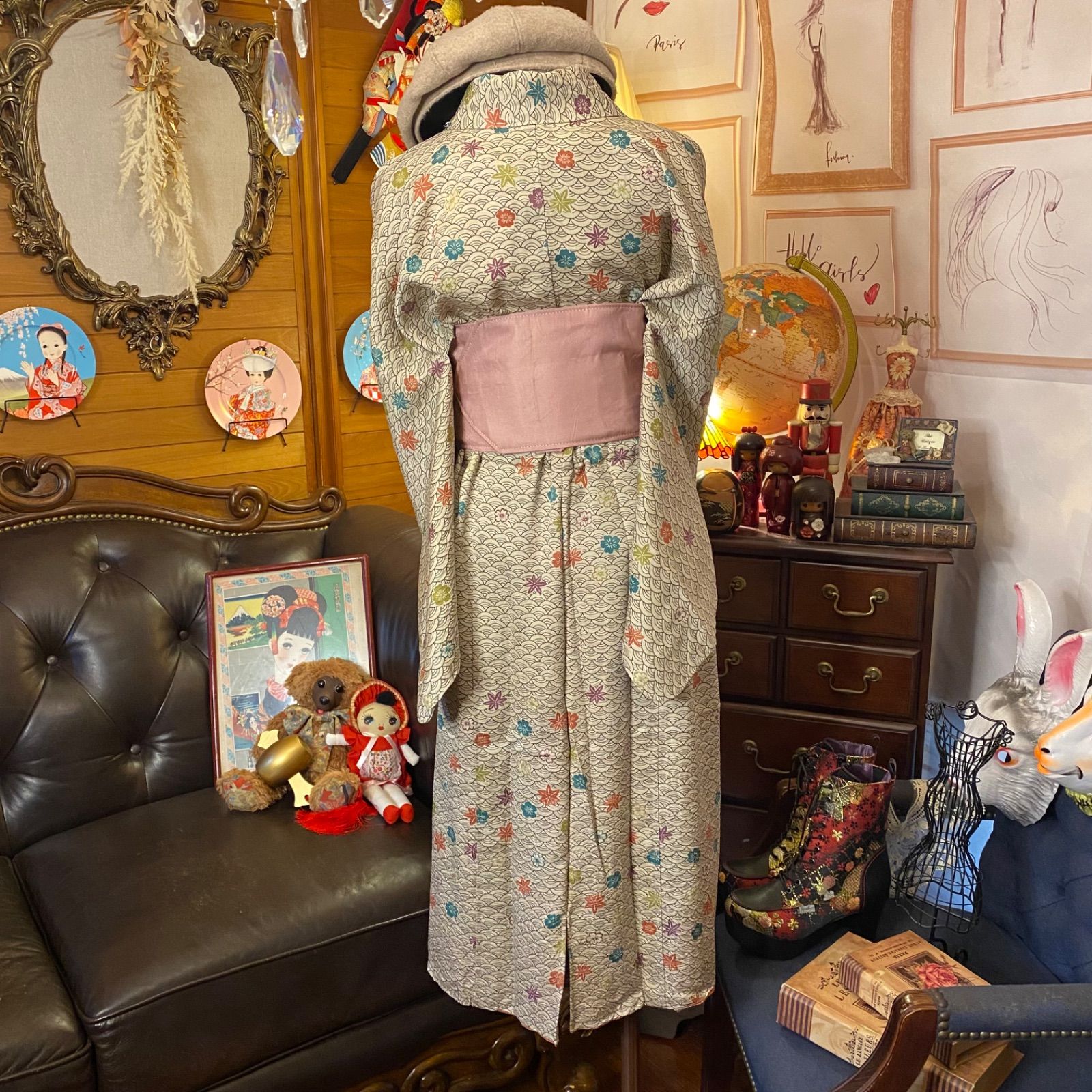 和洋折衷 着物 リメイク ワンピース ドレス 帯サッシュベルト 洗える  