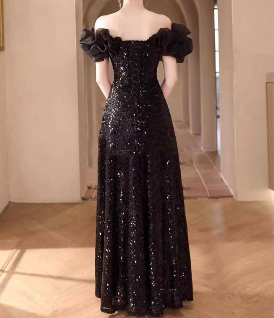 フリルがオシャレな総スパンコールのオフショル ロングドレス フリルがオシャレな総スパンコールのオフショル ロングドレス