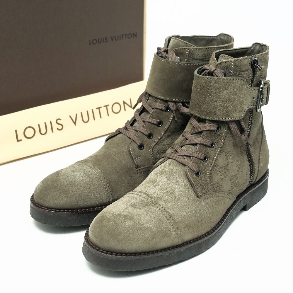 LOUIS VUITTON ルイ ヴィトン ブーツ サイズ7 1|2 アンクルベルト サイドジップ ショートブーツ ダミエ スウェード 靴 20250514|RA4798