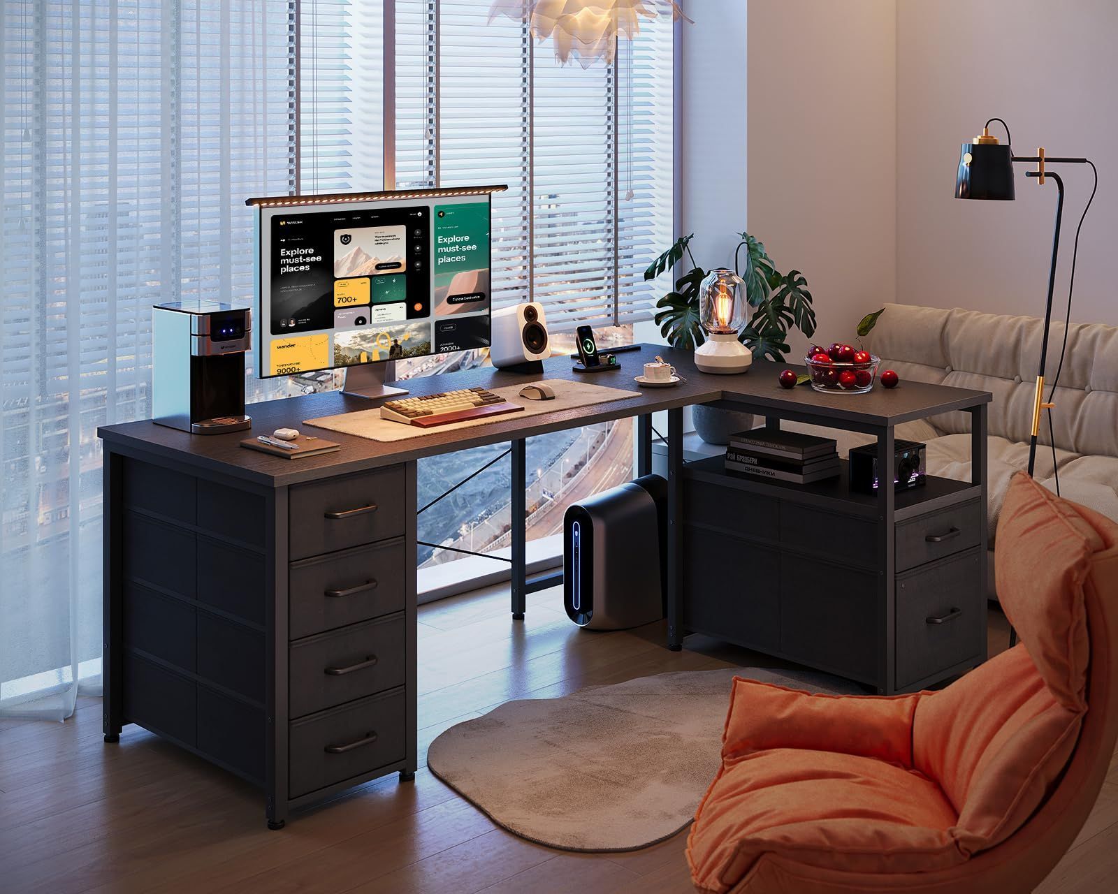 ワークデスク 在宅勤務 収納 desk 棚付き 仕事用 pcデスク 幅140 机 オフィスデスク l字デスク コンセント付き ゲーミングデスク ブラック 引き出し6杯付き パソコンデスク AODK ATMAENTERPRISE_COM