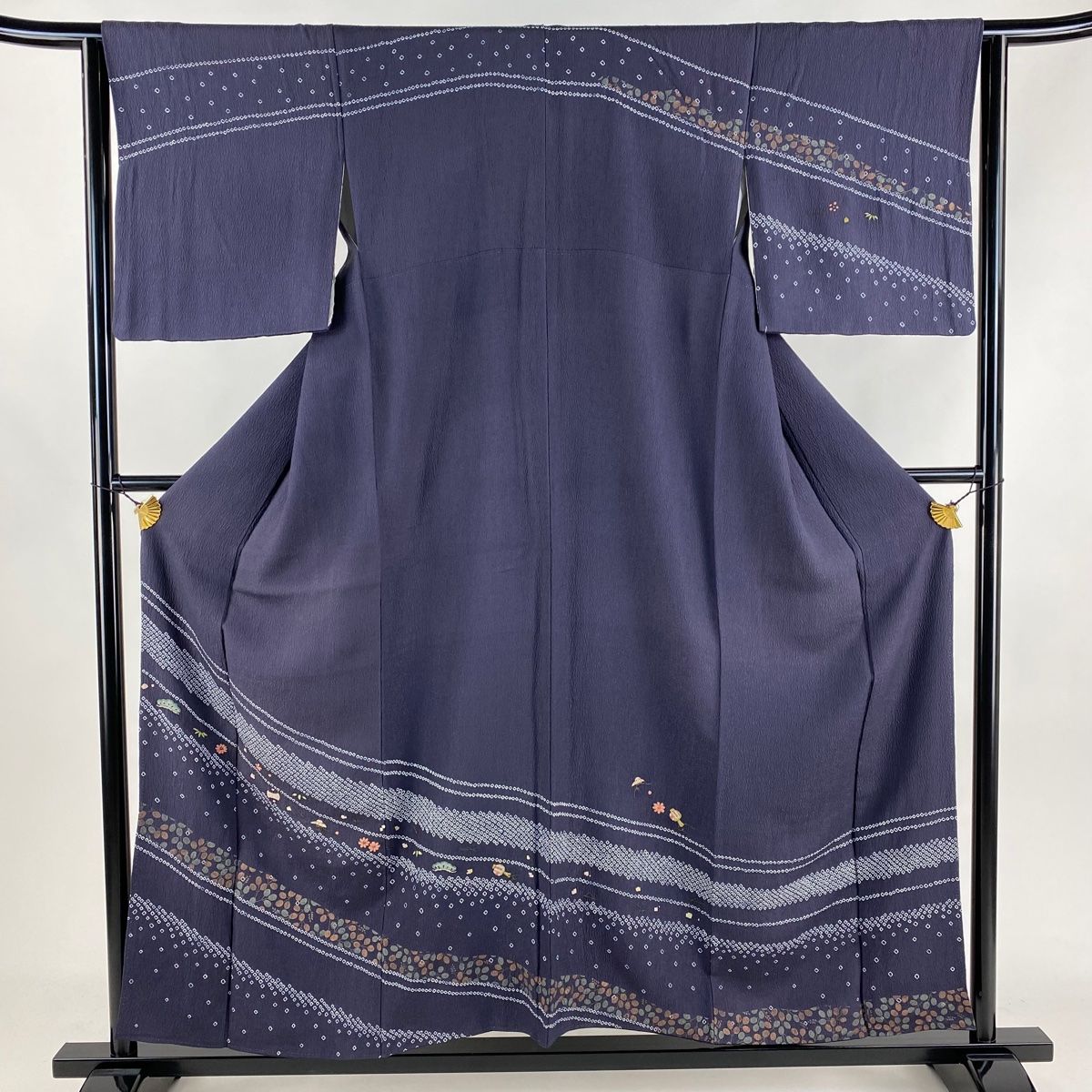 訪問着 身丈155.5cm 裄丈64cm M 袷 松竹梅 宝尽くし 絞り 相良刺繍 濃紺 正絹 秀品