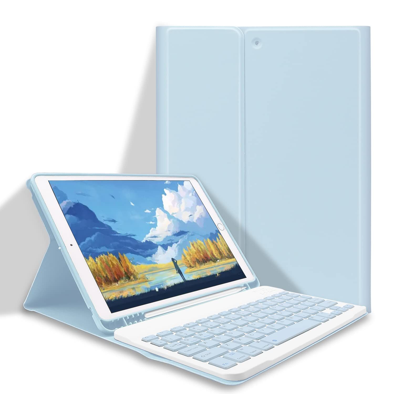 【特価セール】ペンホルダー付き 脱着式 スタンド機能 iPad通用 キーボード付きカバー オートスリープ機能 Bluetooth 多角度調整 第9/8/7世代 傷つけ防止 ケース 耐久性 10.2 (スカイブルー) iPad