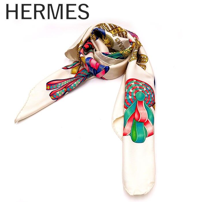 エルメス HERMES スカーフ 馬のリボン カラフル 光沢 アイボリー マルチ