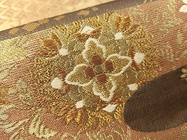 平和屋着物▽六通柄袋帯 エ霞吉祥花文 金糸 正絹 逸品 未使用