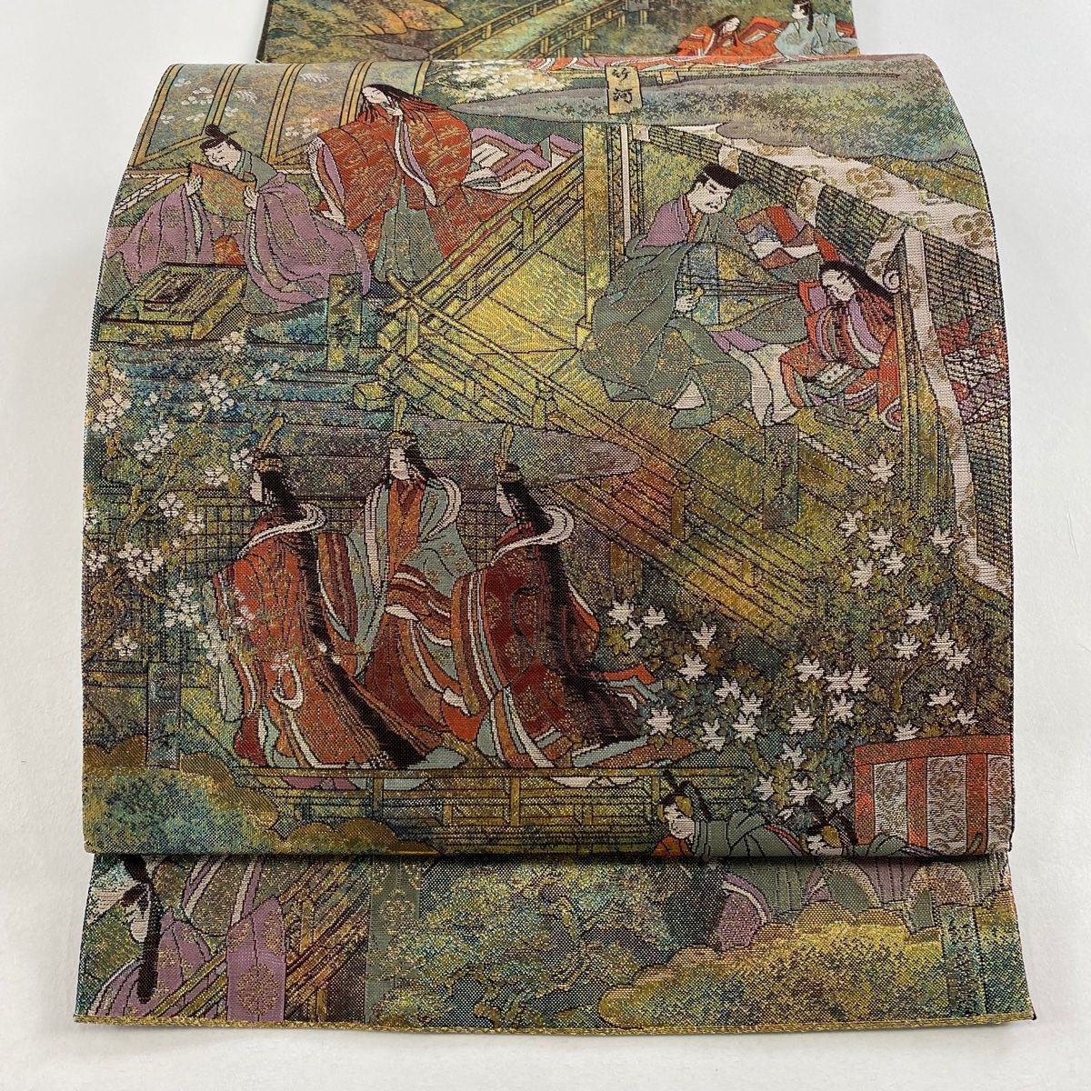 美品】 袋帯 名品 保証書付 源氏物語 本金箔 プラチナ箔 ラメ箔 緑