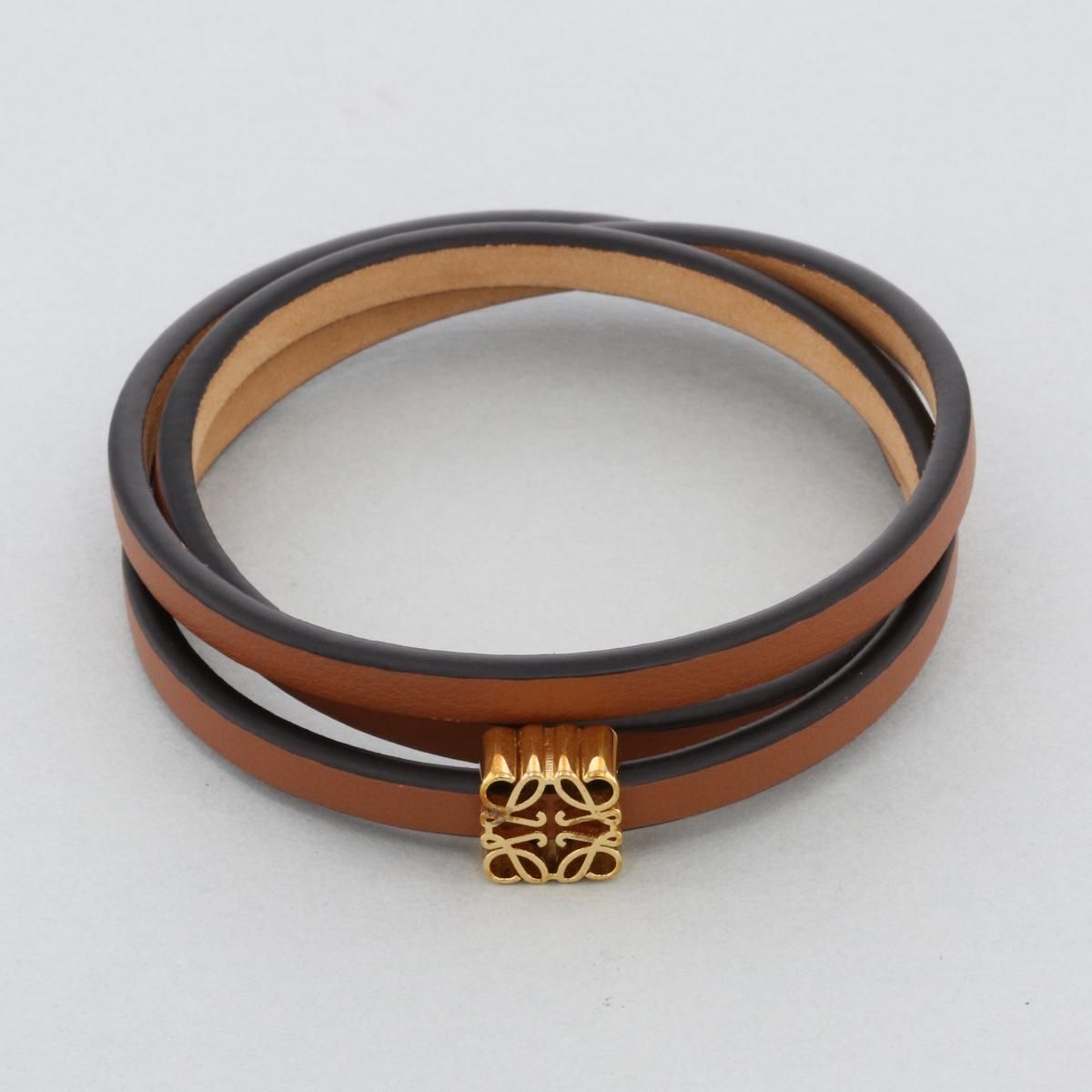 良】ロエベ LOEWE アナグラム バングル ブラウン レザー ブレスレット