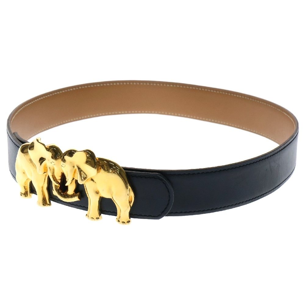 HERMES エルメス ベルト バックル ボックスカーフ アニマルモチーフ 黒×ブラウン 〇W刻印