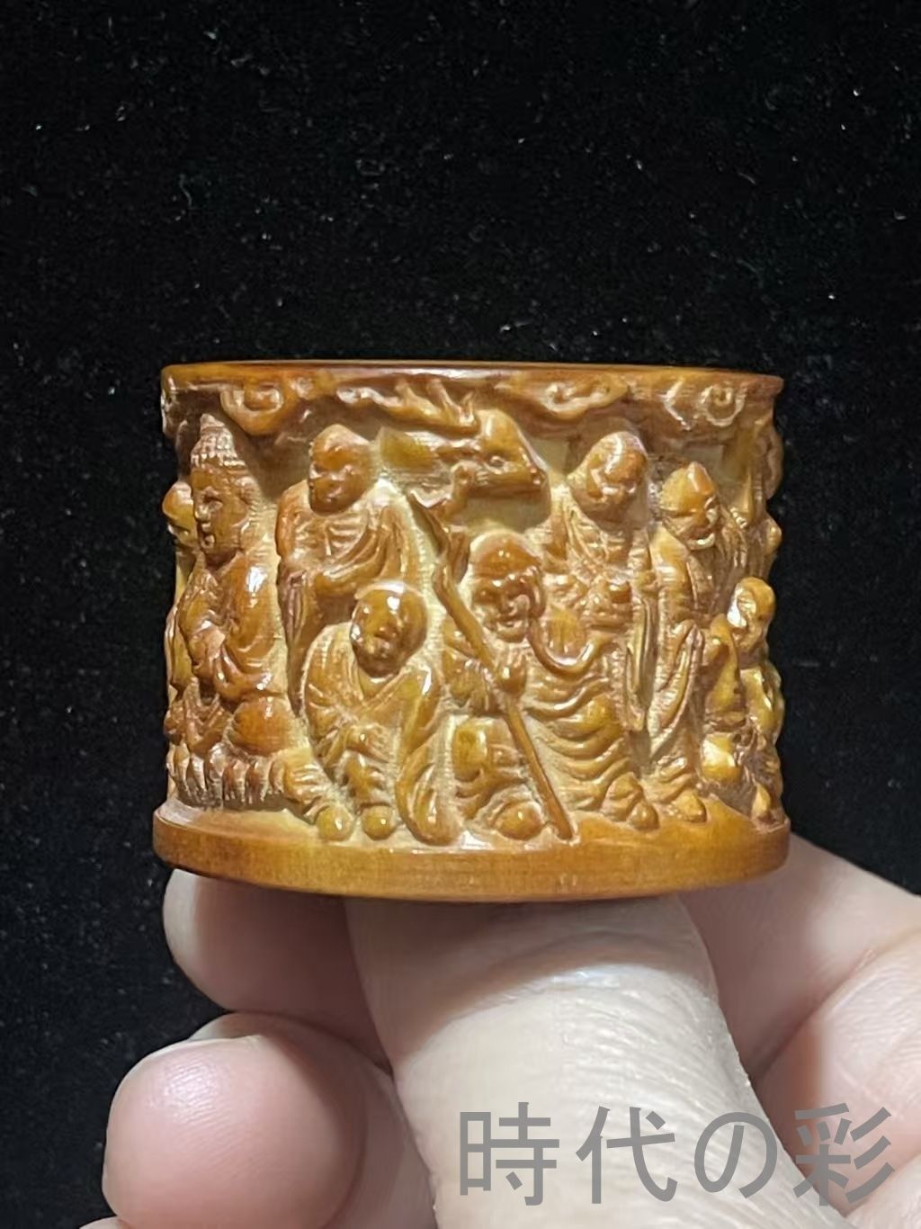 期間限定通販。 中国古美術 旧蔵 鹿角 彫刻 十八羅漢 指輪 リング 唐物 古玩 骨董 装身具 細密彫刻 R07092919