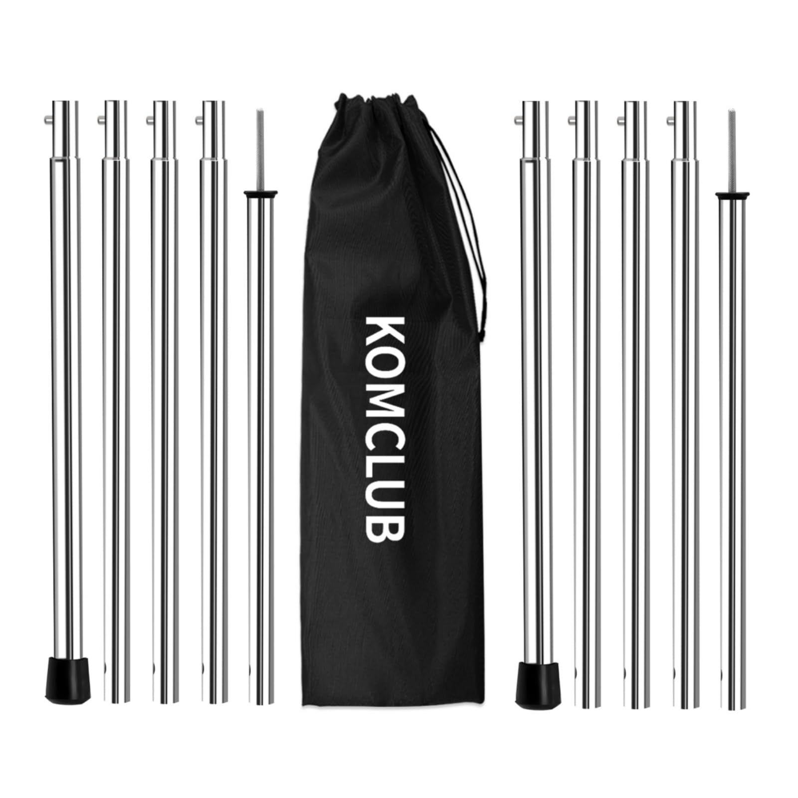 【迅速発送】KOMCLUB テントポール キャノピーポール タープポール ステンレス製 全長191cm 19mm直径 ブッシュボタン式 組立簡単 長さ調節可能 5節連結 分割式 収納袋付 キャンプ/アウトドア用品