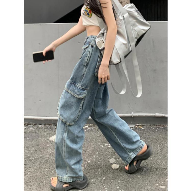 デニム カーゴパンツ ロングパンツ ジーンズ レディース ワイドパンツ ストレート カジュアル ストリート 体型カバー お出掛け 通勤 普段着 秋冬 大きいサイズ 作業着 きれいめ ゆったり TB7i533