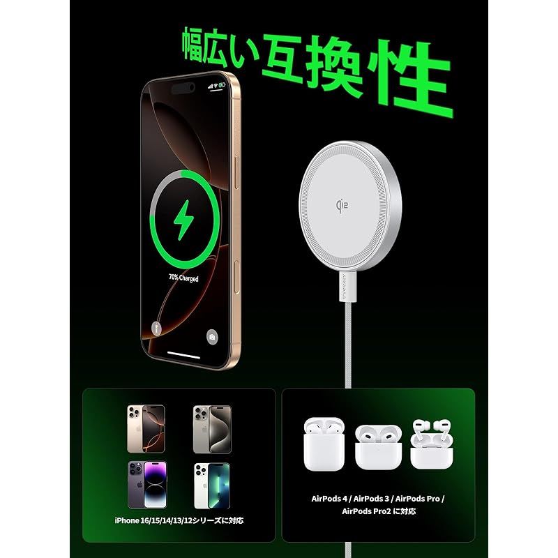 THREEKEY ワイヤレス充電器【Qi2 PSE 公式認証】15W超低温 MagSafe充電器 両面マグネット式 マグセーフ充電器 1:1適合 ?磁気 iPhone 16/15/14/13/12シリーズ/Galaxy S25 Ultra対応 60W+1. 0