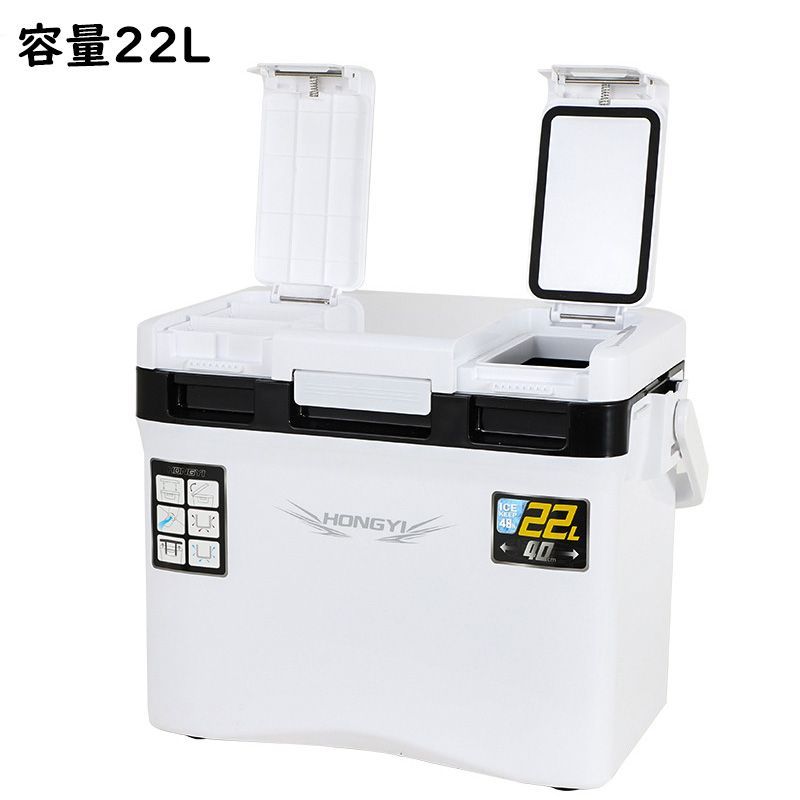 釣り用クーラーボックス 容量22L 座れる頑丈マッスルボディ 防水 断熱材保温保冷 ハンドル 水栓 肩ベルト付き 天窓付き 釣り 保冷力48h 白