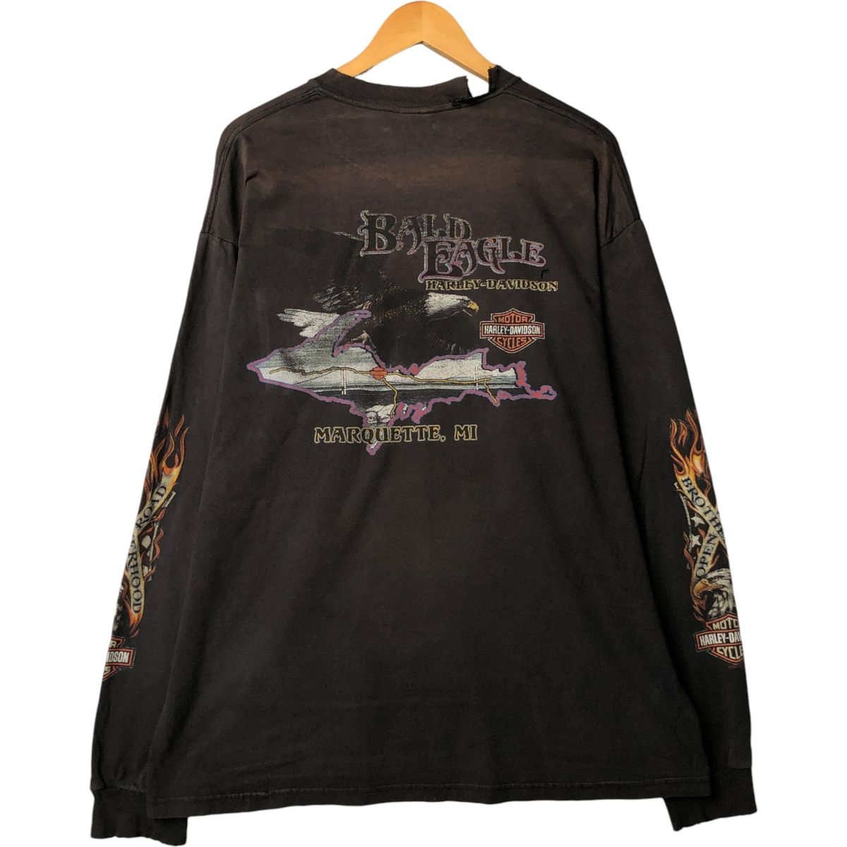 古着 00年代 ハーレーダビッドソン Harley-Davidson モーターサイクル 鷲柄 イーグル柄 ファイヤーパターン ロングTシャツ|evb031873