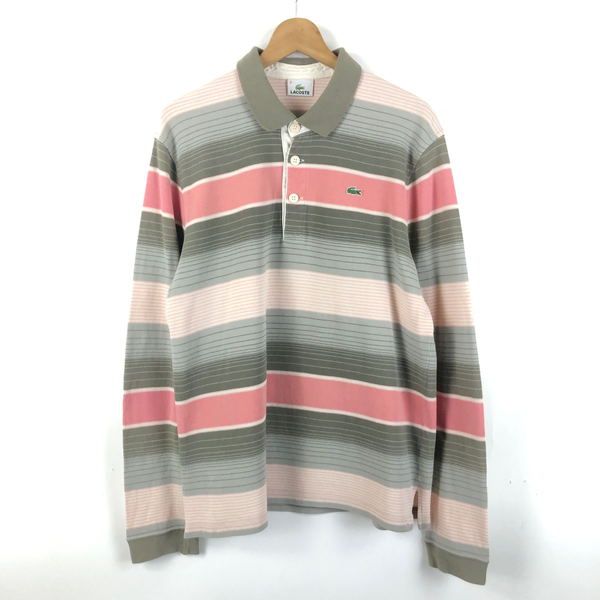 【古着】 LACOSTE ラコステ ポロシャツ 鹿の子素材 ボーダー 長袖 オリーブ系 メンズXL 【中古】 n051204