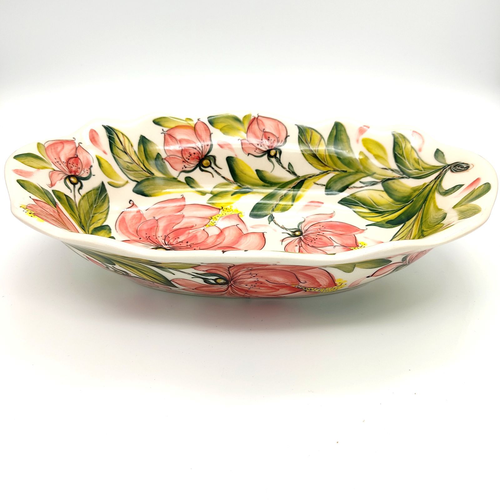 バスケット 楕円型のウェーブボウル ピンクの芍薬模様 ポーランド食器  