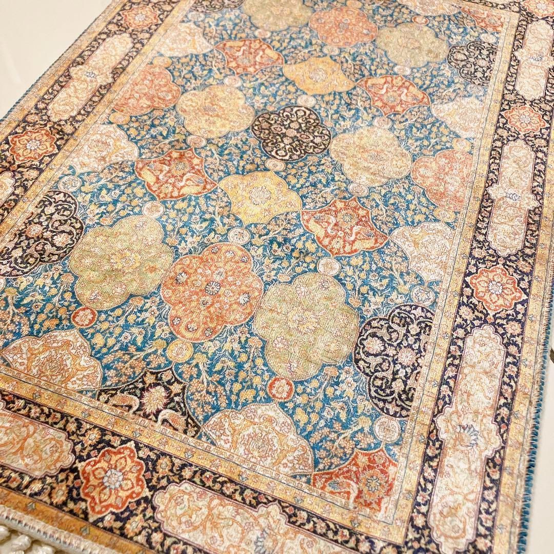 トルコ絨毯 40×59 ラグ ペルシャ風 マット 北欧 ブルー 曼荼羅玄関