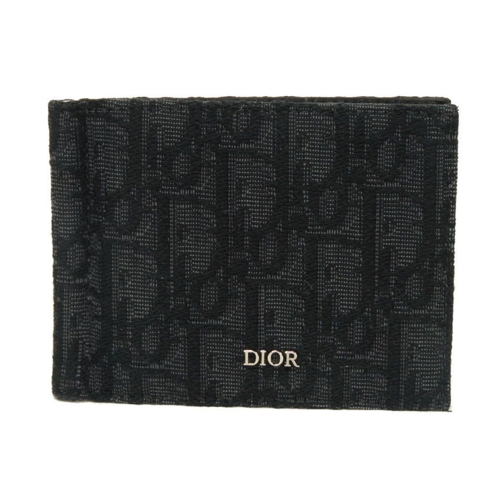 Dior ディオール オブリーク ジャガード マネークリップ ウォレット 現行 トロッター スムース カーフ ビルクリップ カードケース ロゴ メタル ブラック 二つ折り財布 2ESBH069YSE_H03E
