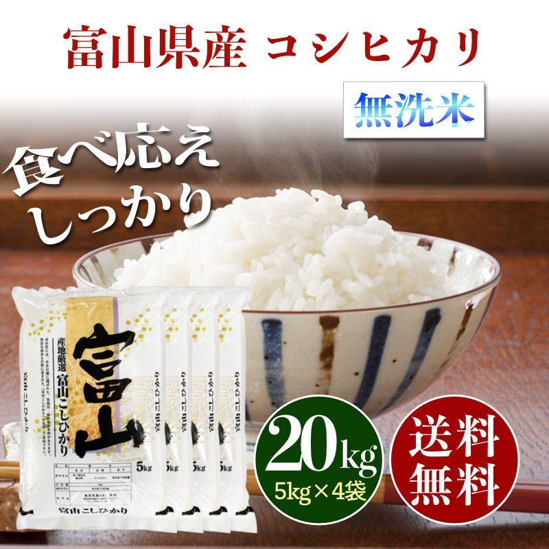 新米 富山県産 コシヒカリ 無洗米 20kg お米 20キロ 送料無料