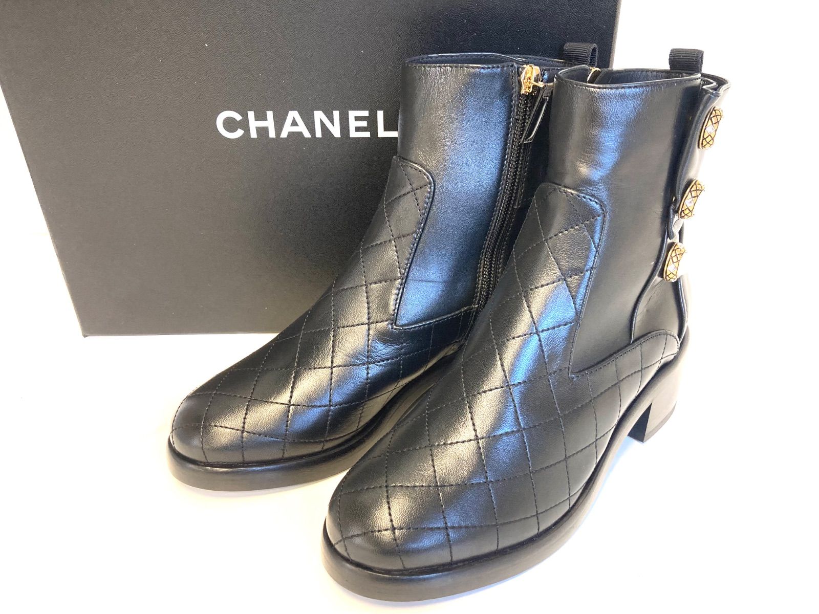 CHANEL シャネル キルティングレザー パールボタン サイドジップ アンクルブーツ 35 1|2C 22.5cm～23cm ブラック レディース
