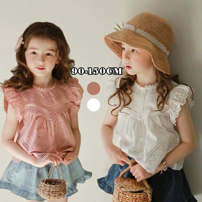 ブラウス シャツ 女の子シャツ キッズ フリル お出かけ 袖なし ジュニア デザイン 子供服 ガールズ 夏服 半袖 トップス 保育園 無地 ガーリー 丸首 着回し Dd2a773