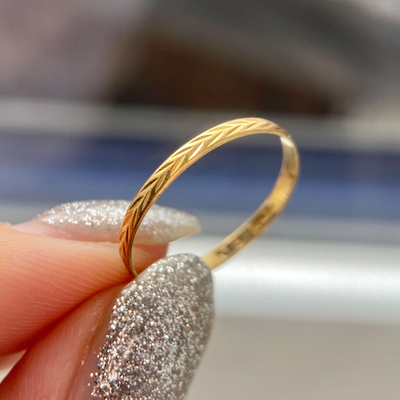 買取店】日本製 K18 ゴールド 月桂樹彫り 平打リング 模様彫り 11号