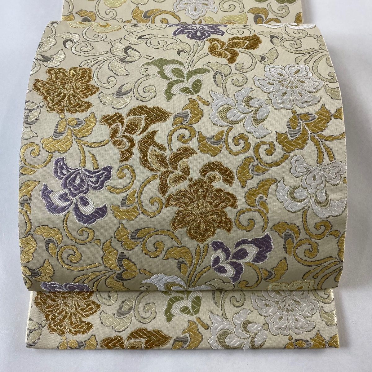 袋帯 美品 名品 花唐草 金銀糸 唐織 ベージュ 六通 正絹 中古