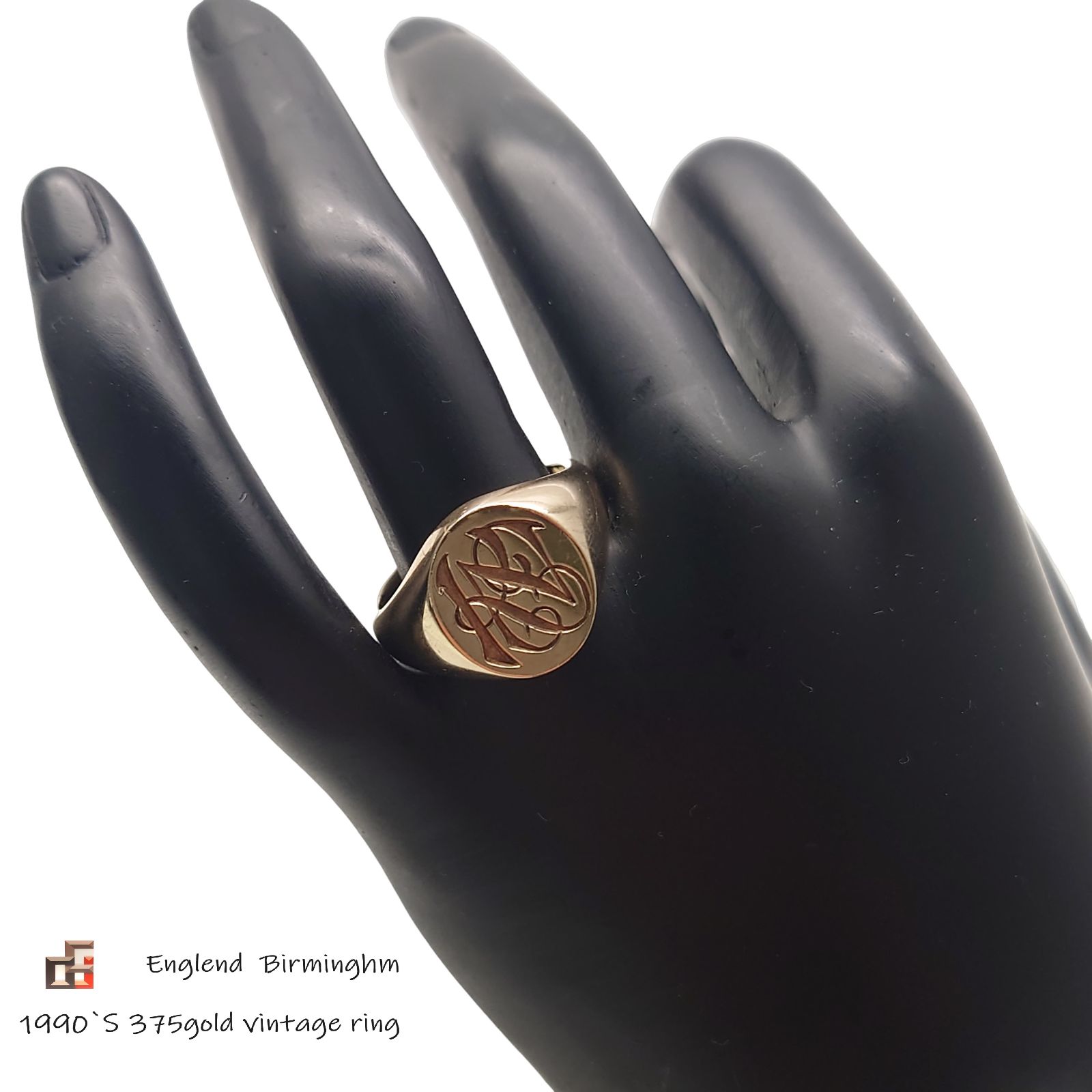 ク*ン様 ★最終値下★超美品シグネットリングバーミンガム 375 9ct オニキ 英国 CG＆S シグネットリング 375【K9】バーミンガム 1993年