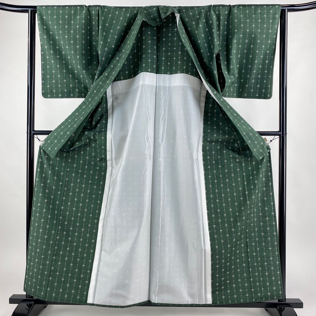 紬 身丈159cm 裄丈64cm M 単衣 縞 絣柄 緑 正絹 美品 秀品 【中古  