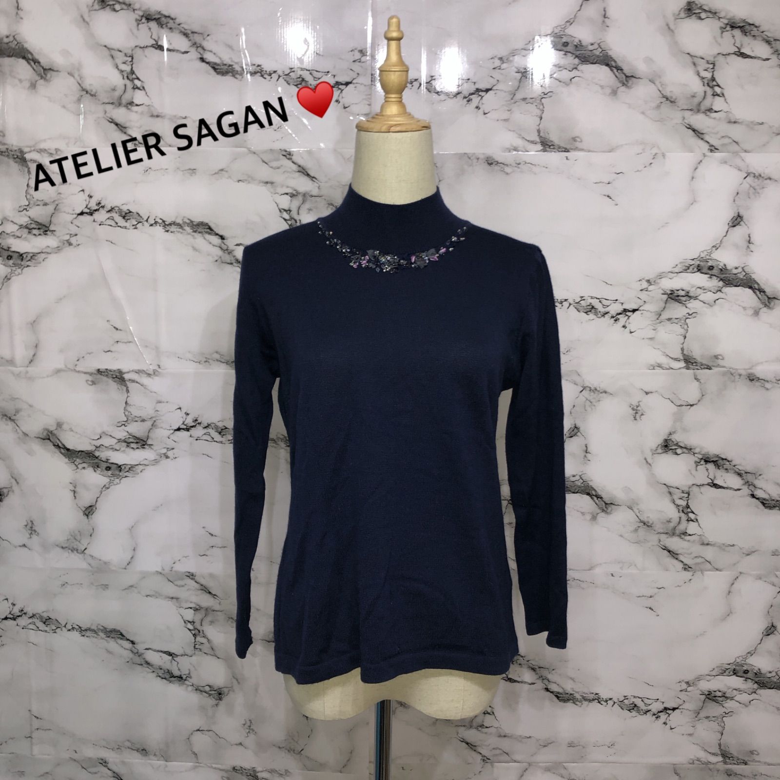 N364/美品 SAGAN H アトリエサガン 長袖ニットカットソー 総柄 紫 美品<!-利用不可文字-!> アトリエサガン ATELIER SAGAN 長袖