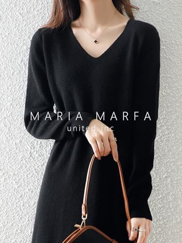 MARIA MARFA Vネック ふんわり ニット ワンピース ロングワンピ マキシ丈 大人 上品 秋 冬 セーター 長袖 ブラックコーデ 黒ワンピース ブラック 4 A-M 15-BKL 日焼け止めミルク その他 