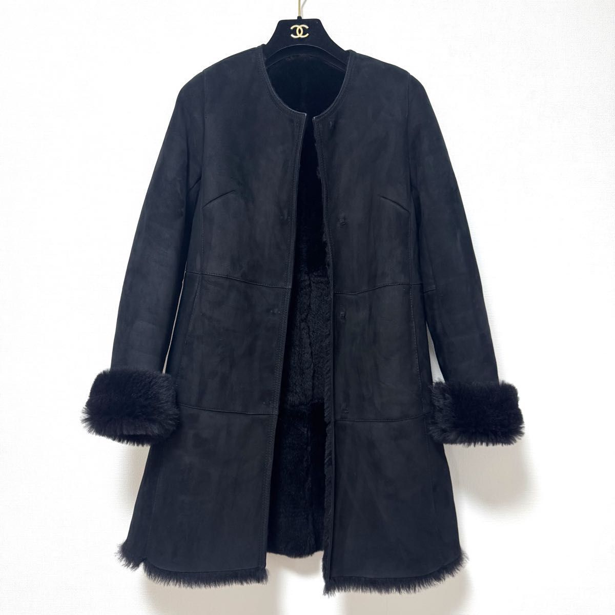 週末 実施中 イタリア製 Seven fairy ムートン コート ノーカラー 羊革 ブラック PREMIUM TOSCANA XS