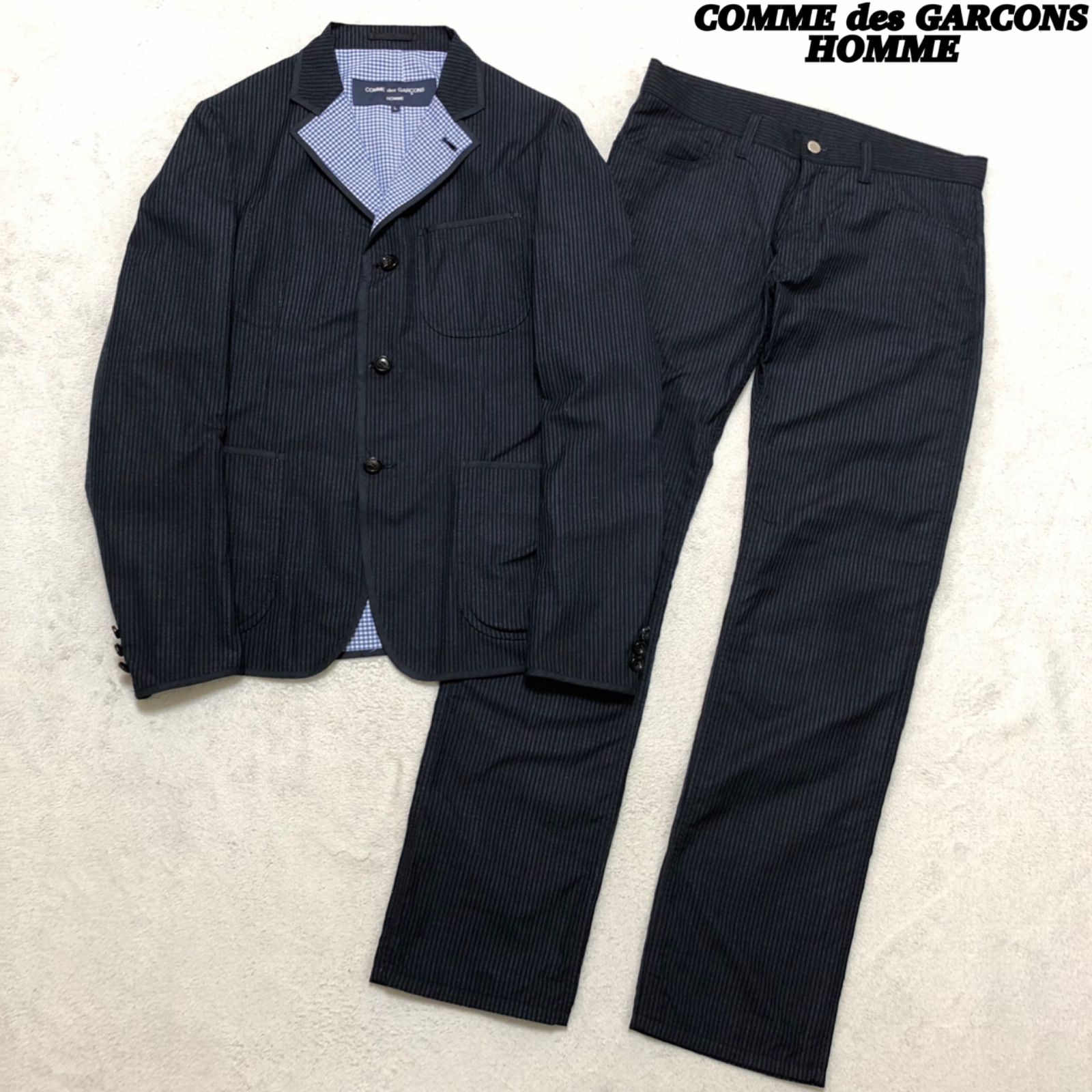 COMME des GARCONS HOMME セットアップ スーツ テーラードジャケット × スラックス ネイビー × ストライプ チェック切り替え リバーシブル Lサイズ コムデギャルゾンオム