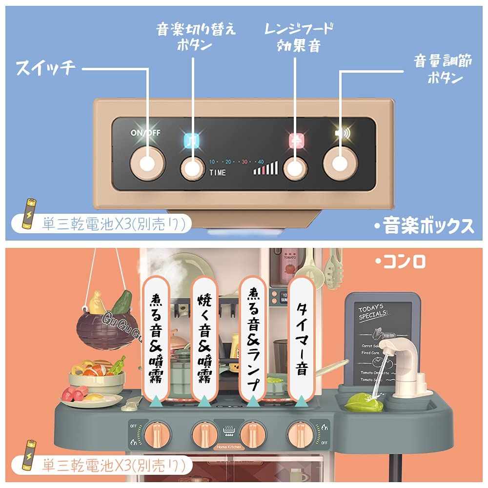 キッチンセットおもちゃ おままごと リアル噴霧 リアル料理音 音楽ボックス 黒板付き 循環出水 食器|調味料|野菜 43点セット Moon 室内 親子 水蒸気 ごっこ遊び スプレー 調理器具 台所 Button 誕生日 プレゼント ギフト 組み立て式 男 WWW_NOITHATQUANGTHANH_NET
