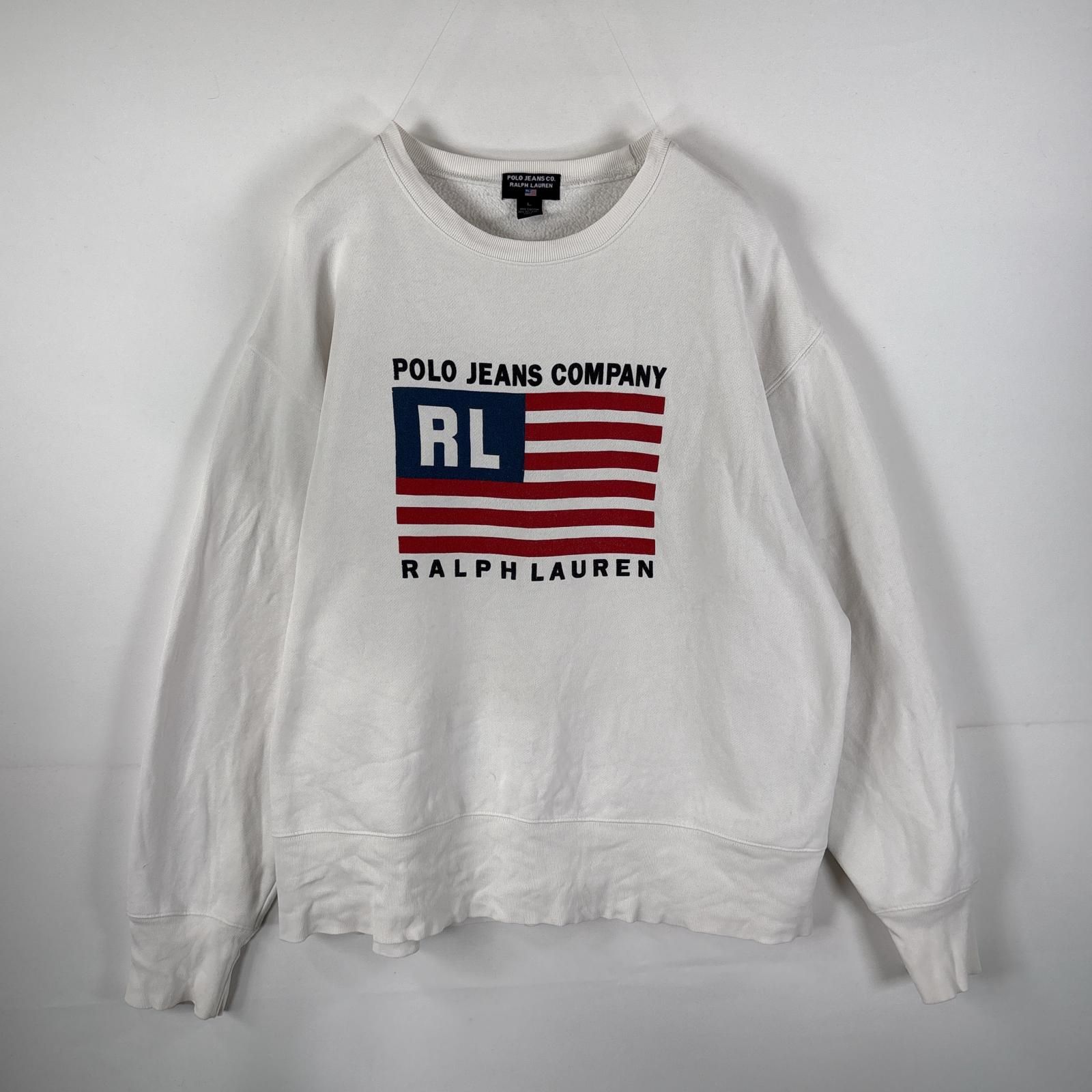 古着 ポロジーンズ POLO JEANS スウェット トレーナー ラルフローレン クルーネック プリントロゴ L  ホワイト メンズ