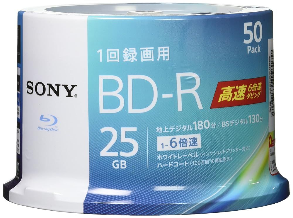 ソニー ブルーレイディスク BD-R 25GB 1枚あたり地デジ約3時間 1回録画用 50枚入り 6倍速ダビング対応 ケース無し 50BNR1VJPP6