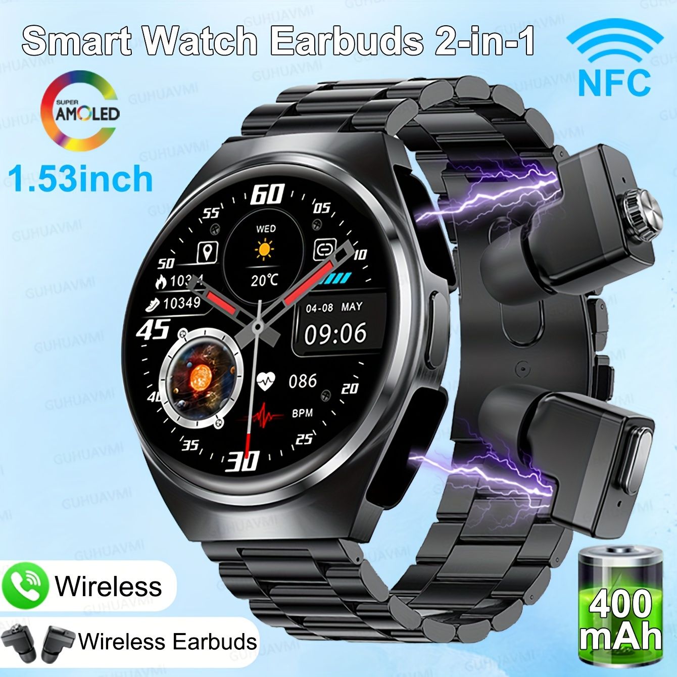 1pc 2025 NFCスマートウォッチイヤホン2-in-1男性用 3.89cm 360*360 HDスクリーン ワイヤレス通話 ワイヤレスヘッドホン 音楽 AI音声アシスタント 情報リマインダー 400mAh大容量バッテリー スポーツフィットネススマートウ