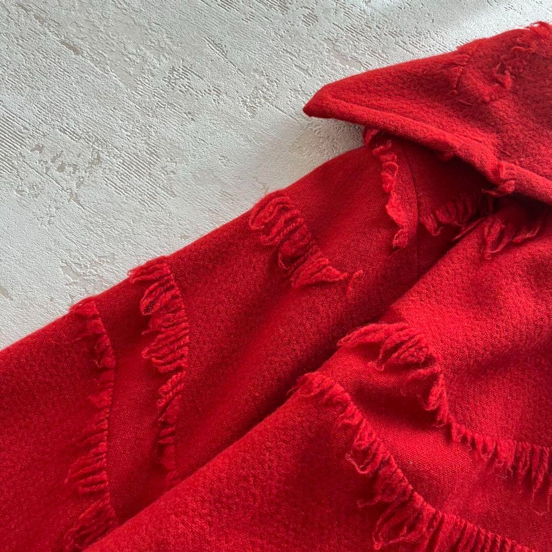 昭和レトロ大きめ襟ウールオーバーコートはフリンジ付きレッドフリーサイズ