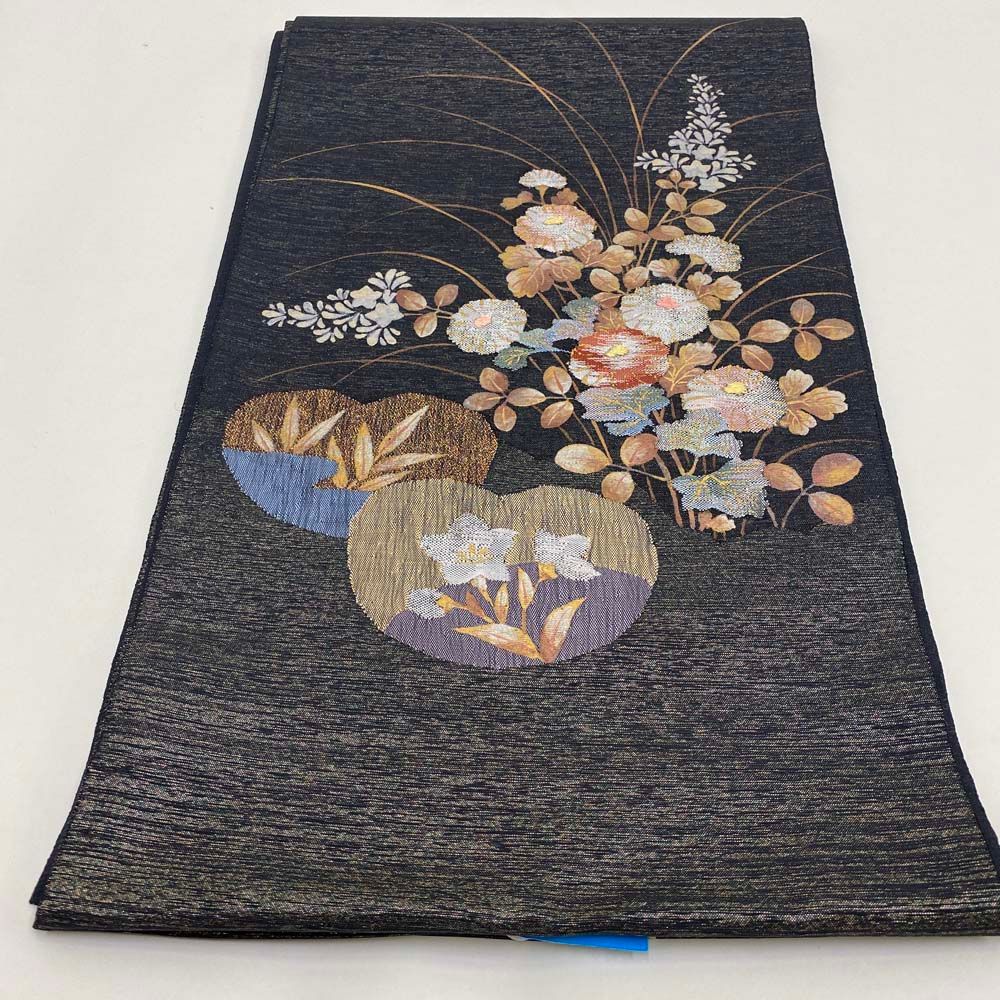 【袋帯】刺繍 金 黒 ポイント柄 色無地 訪問着 付け下げ 中古 礼装 正絹 仕立て上がり リサイクル 430cm 2844 袋帯】刺繍 金 黒 ポイント柄 色無地 訪問着 付け下げ 中古 礼装 正絹