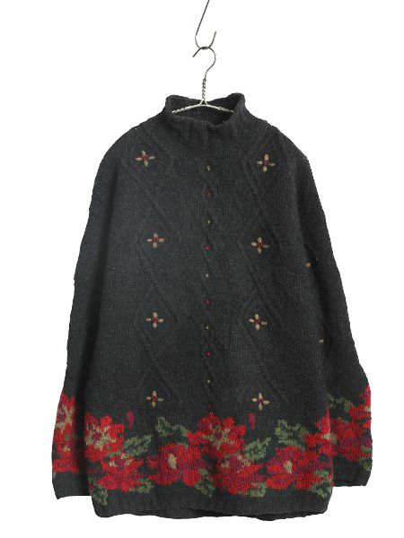なクーポン配布中! 80s エルエルビーン ハイネック ウール ニット セーター レディース M ヴィンテージ アウトドア 花柄 フラワー 絵柄 デザイン 長袖セーター