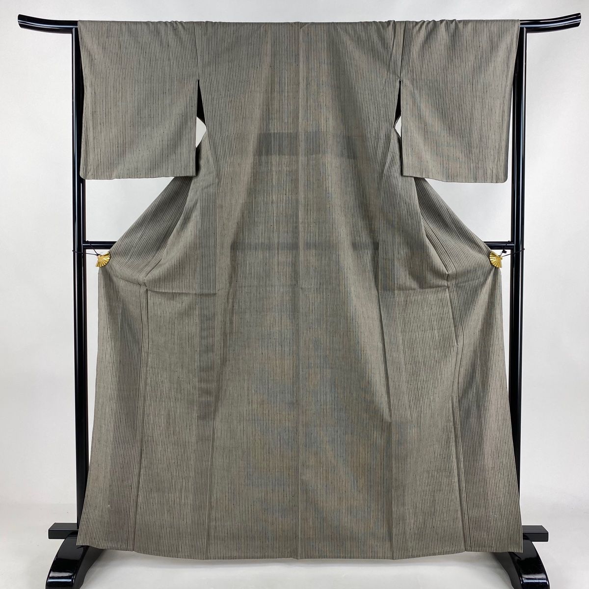 紬 身丈165.5cm 裄丈65.5cm M 単衣 ますいわ屋 縞 灰茶 正絹 秀品