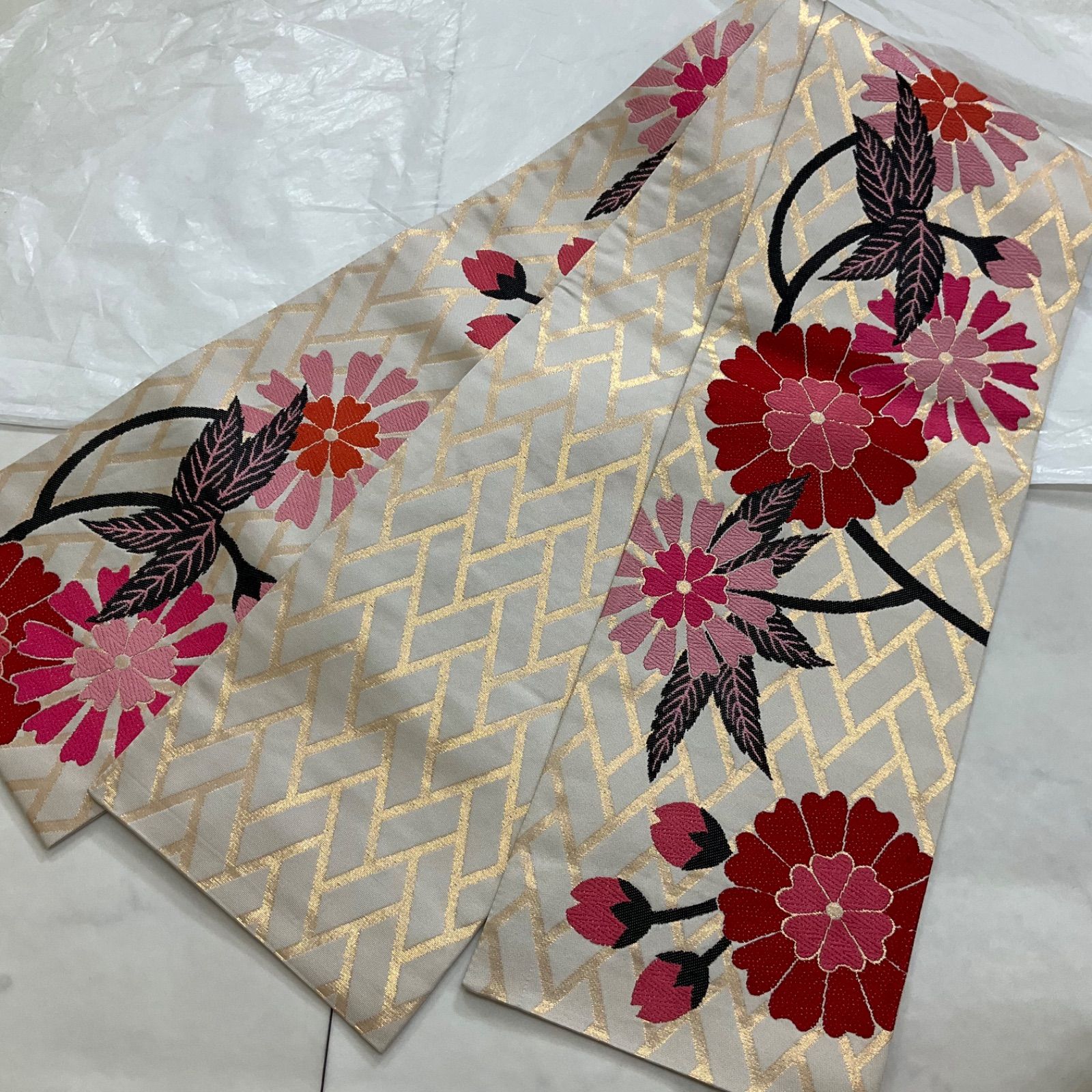 kimono one ●♥同然 ●撫松庵●正絹●素敵な半幅帯●長尺 ●半幅帯半巾帯小袋帯●384.5㎝●着物帯小紋普段着半幅帯単衣浴衣