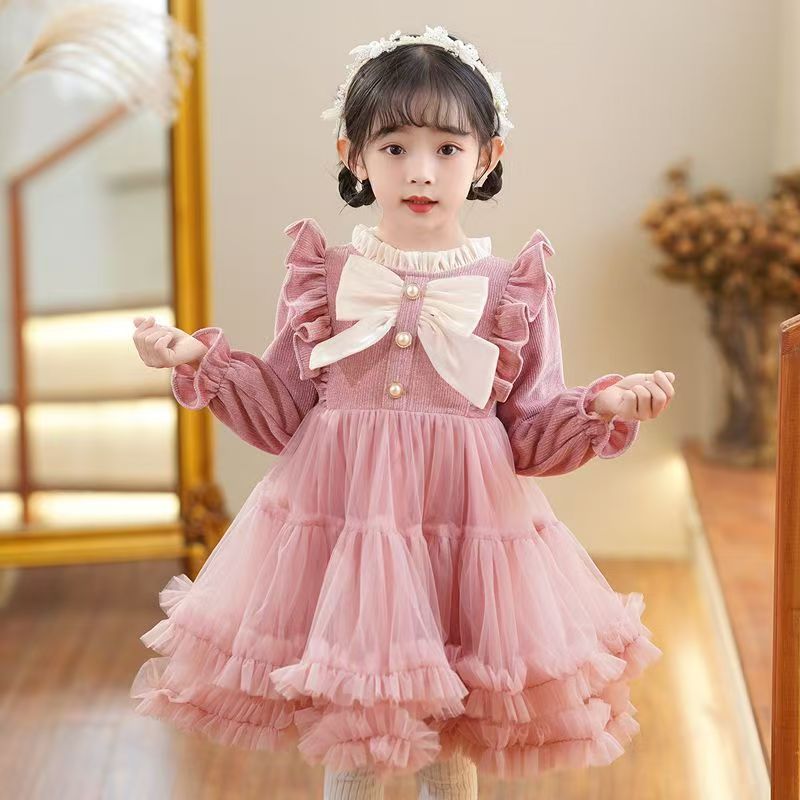 ロリータ ワンピース 女の子 子供 蝶結び 春秋 長袖 プリンセス風 ドレス ゴスロリ ステージ衣装 フリル リボン レース かわいい ピンク