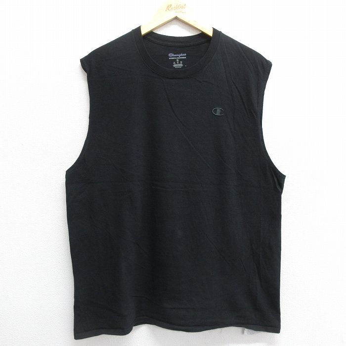 XL/古着 チャンピオン champion ノースリーブ Tシャツ メンズ ワンポイントロゴ コットン クルーネック 黒 ブラック 24jun20 中古