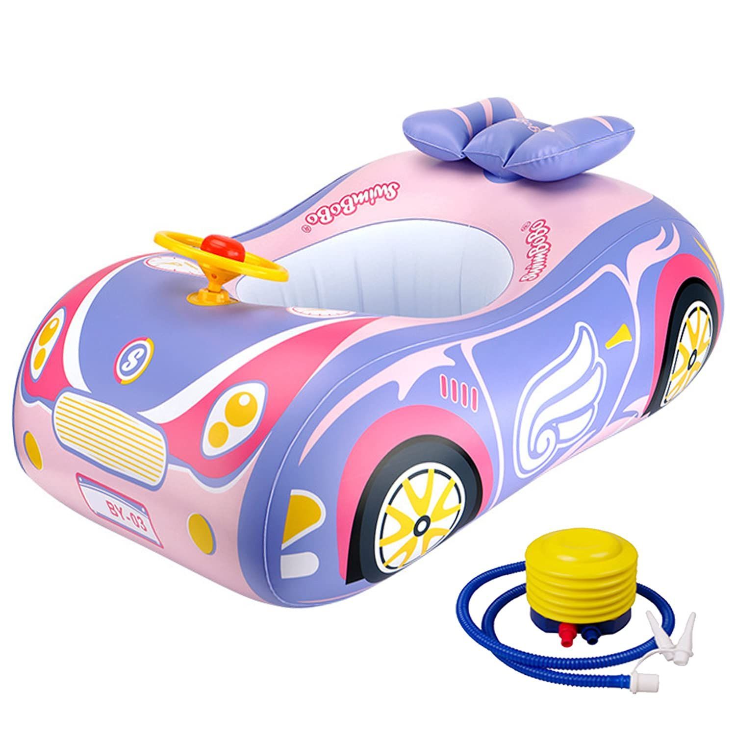 【特価セール】MercsーX うきわ 浮き輪子ども ピンク かわいい車 浮き輪 足入れ浮輪 足入れタイプ ハンドル付き 水泳リング 空気入れ フットポンプ 夏 水遊び 水泳 プール ビーチ 海水浴 アウトドア 浮き具 フロート 79*61*27CM