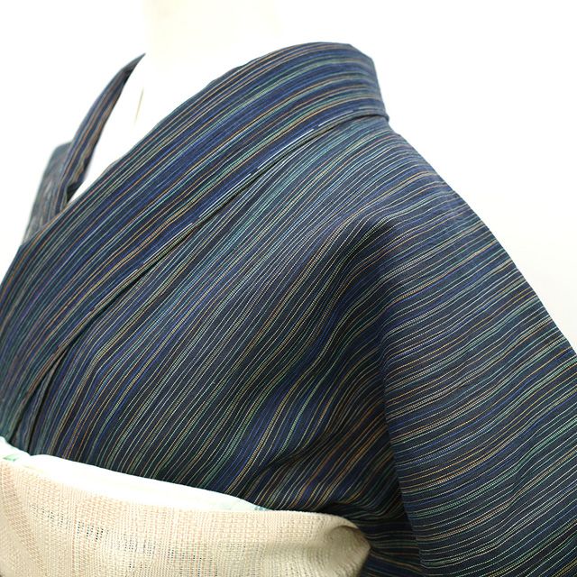 新品】 夏物 本場小千谷ちぢみ 単衣 着物 麻 小千谷縮 黒紺 青