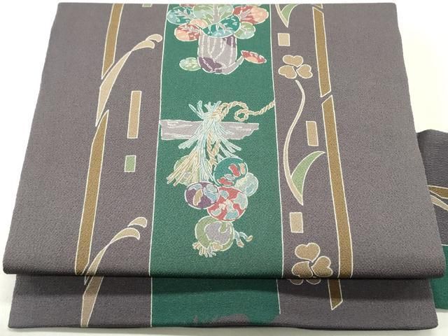 平和屋着物●全通柄九寸名古屋帯 草花間道 葡萄鼠色 鬼しぼ縮緬 正絹 DAAY0148ob